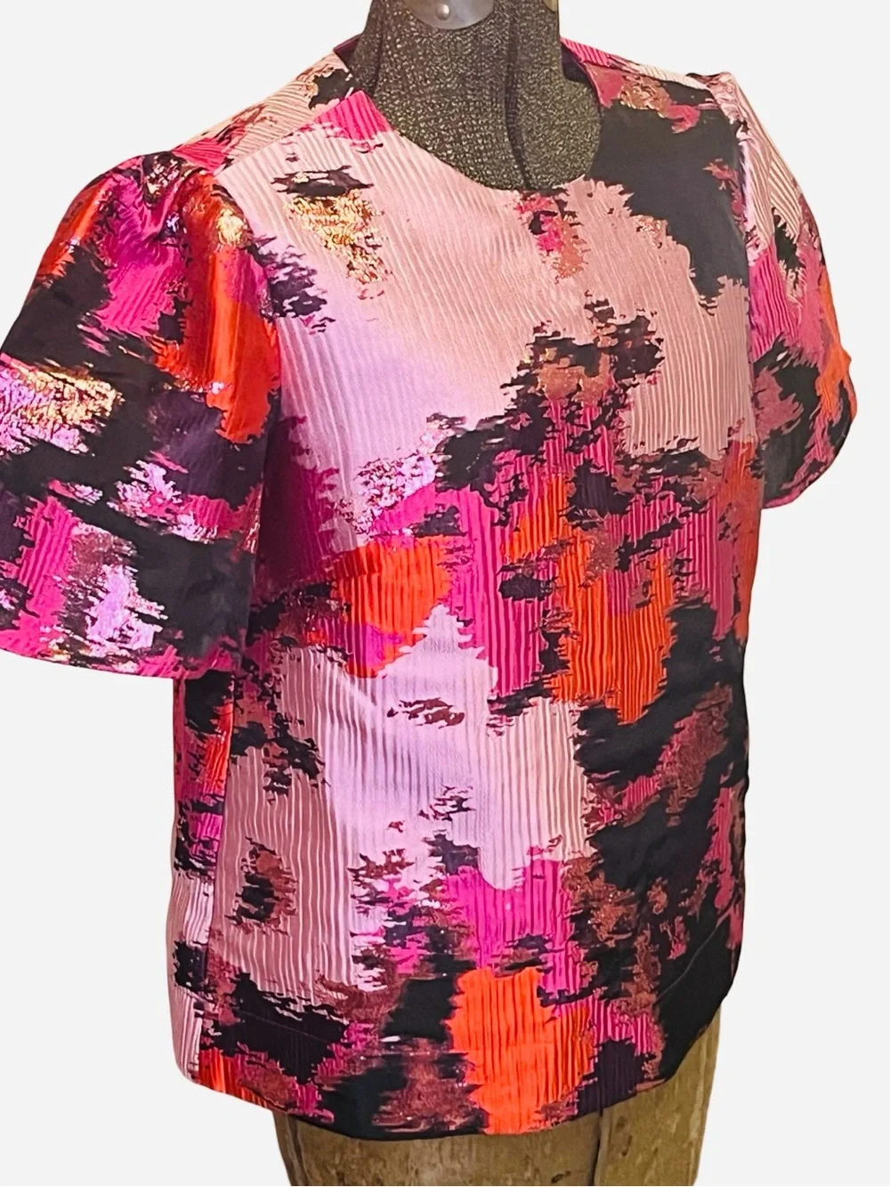 Tuckernuck Pomander Place Lyla Jacquard Puff Sleeve Blouse Pink Red Lurex S